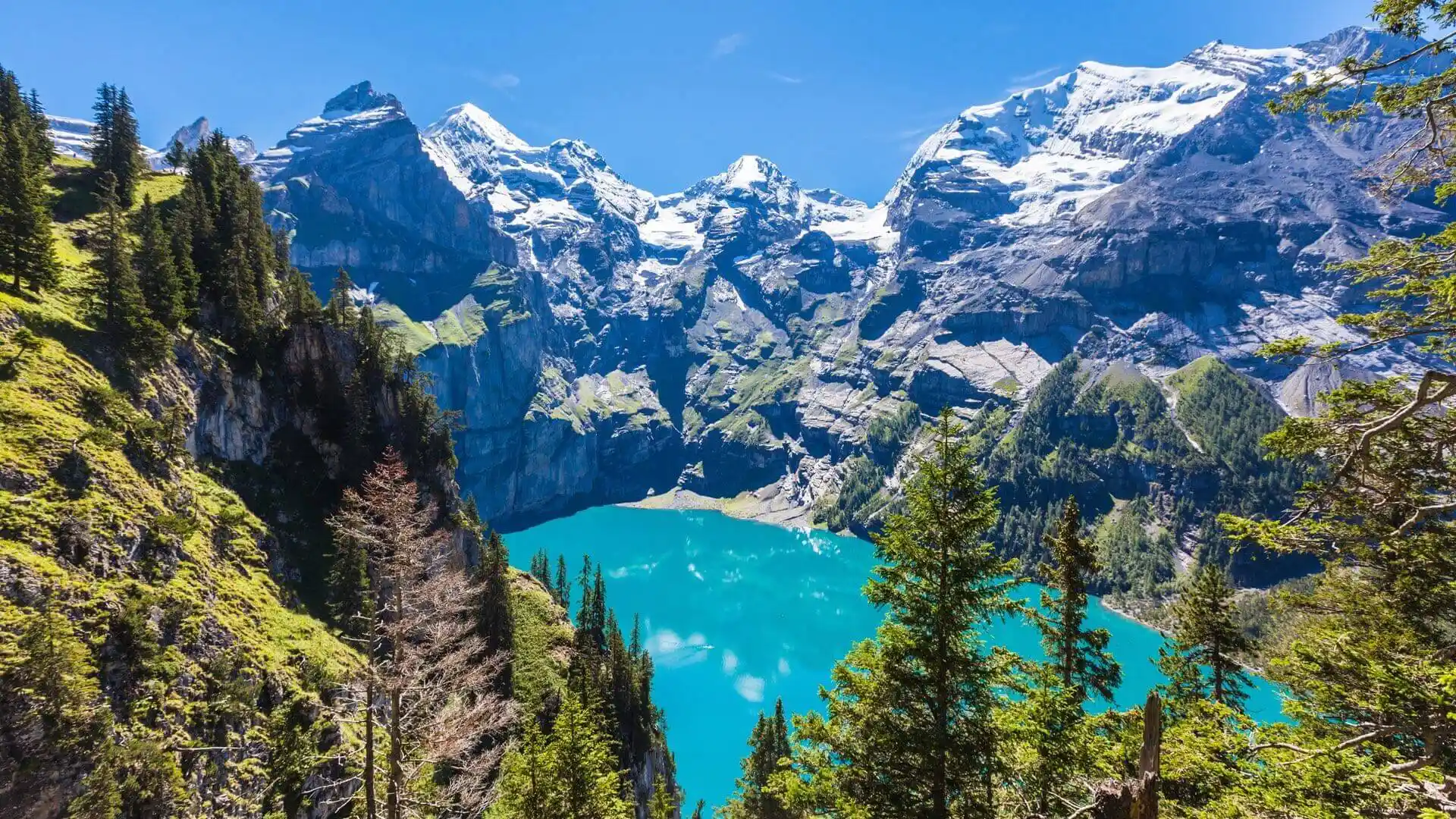 Panoramablick über den Oeschinensee in der Schweiz