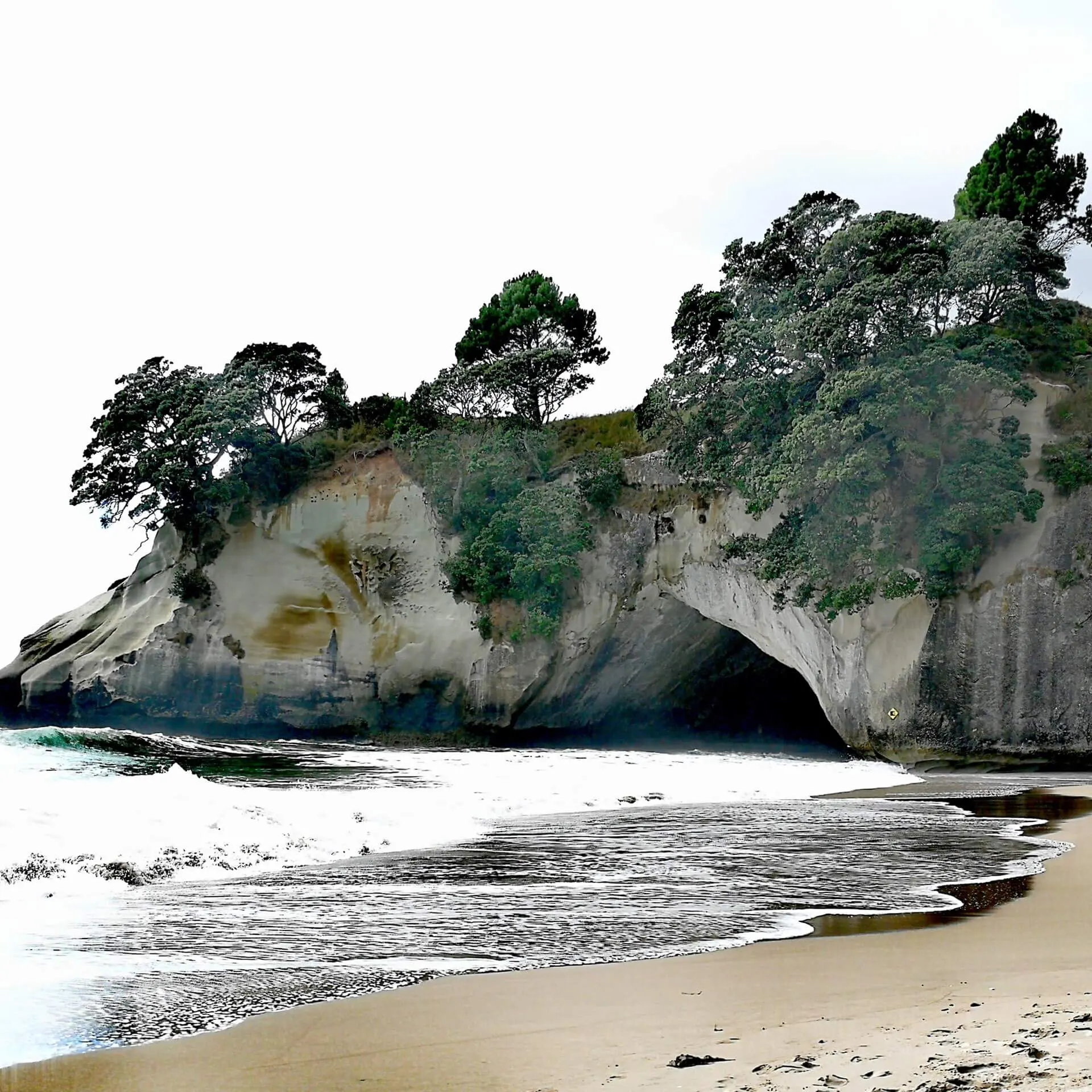 Blick auf die Cathedral Cove vom Strand aus.