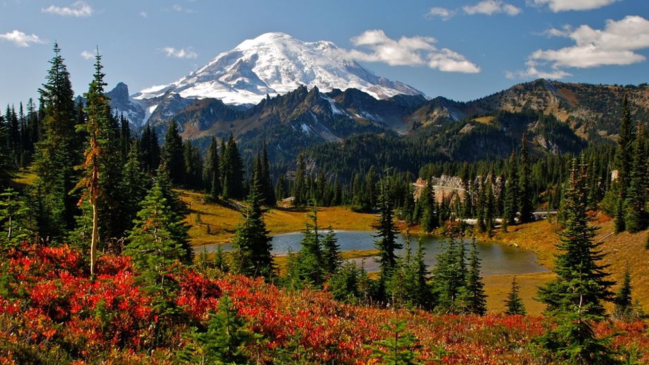 Blick auf den Mount Rainier in Oregon mit der umgebenden Landschaft.