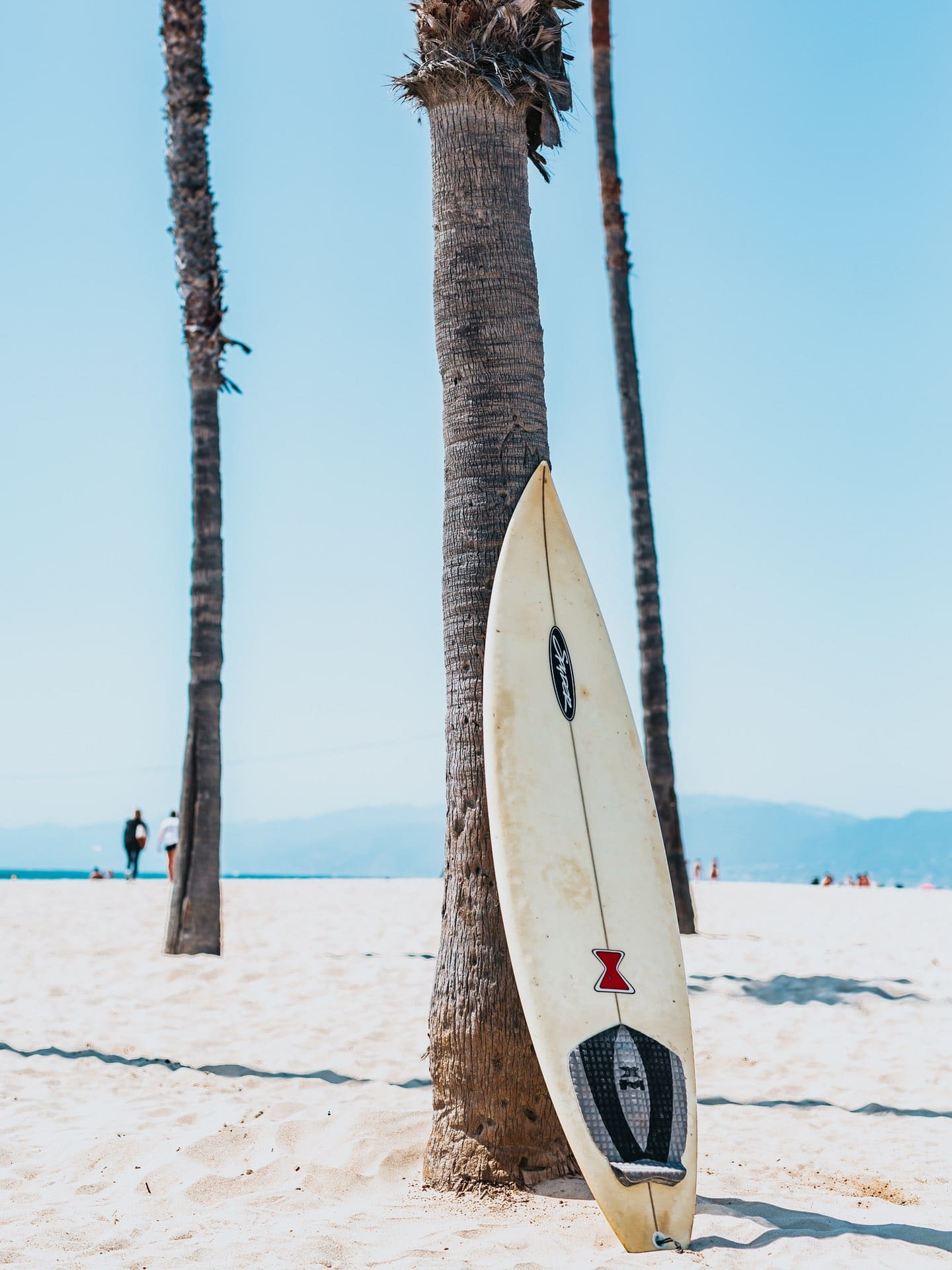 Weißes Surfbrett gegen eine Palme gelehnt am Strand.