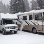 Wohnmobile auf einem Campground in Whistler im Schnee