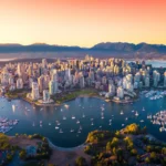 Wohnmobil mieten Vancouver mit Blick von oben auf die Skyline von Vancouver in British Columbia in Kanada bei Sonnenuntergang.