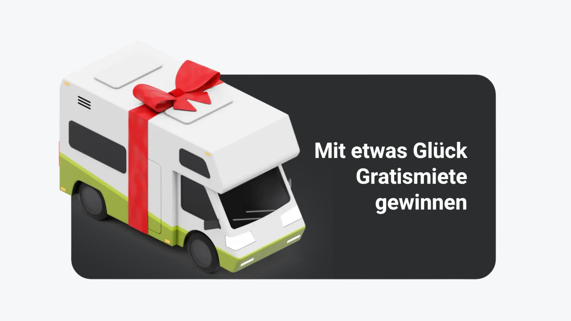 3D-Illustration eines weiß-grünen Wohnmobils mit einer roten Geschenkschleife auf dunklem Hintergrund und dem Schriftzug \