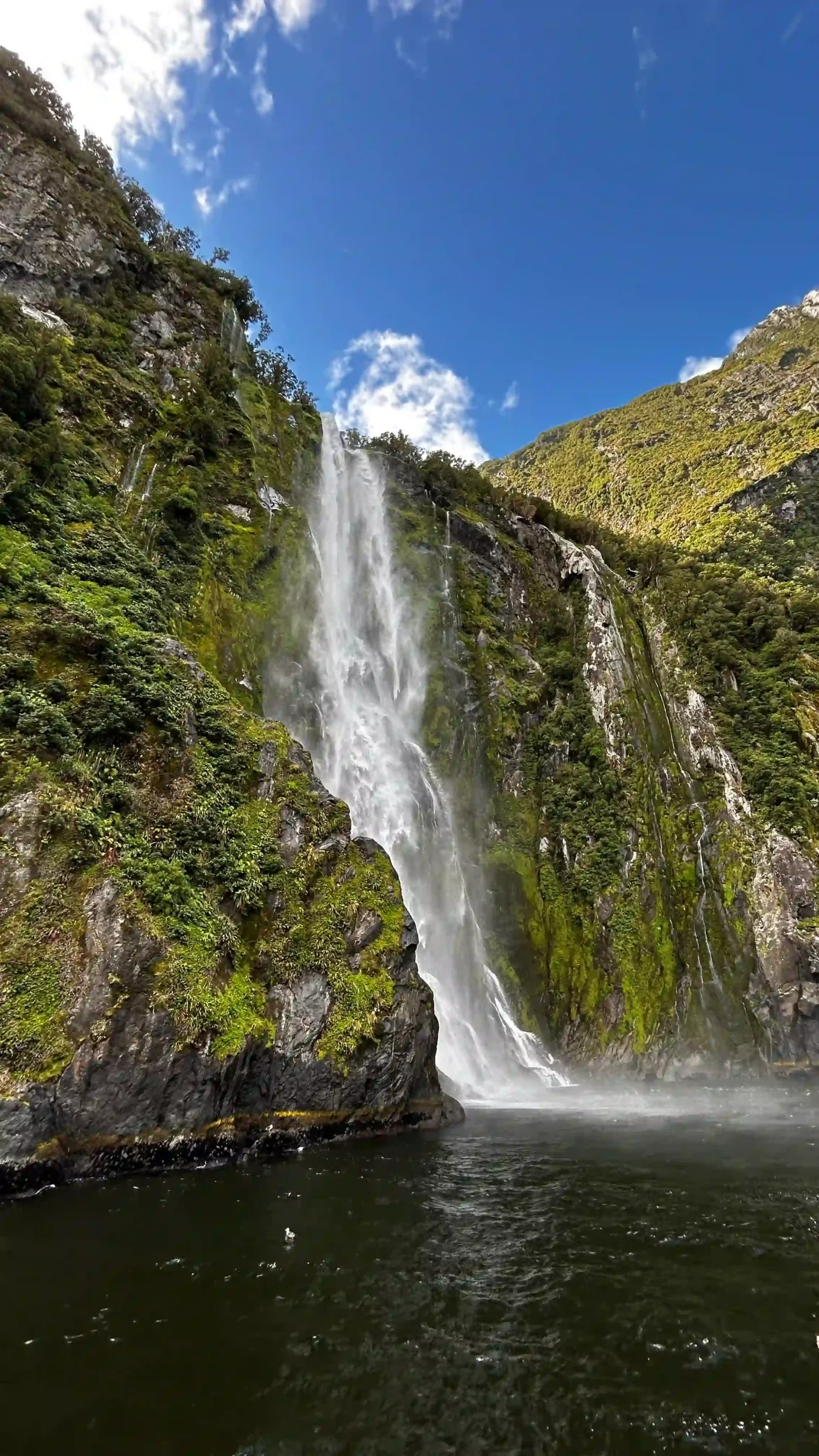 Ein hoher, weißer Wasserfall stürzt von einer bewachsenen Felswand direkt in das dunkle Wasser des Fjords.