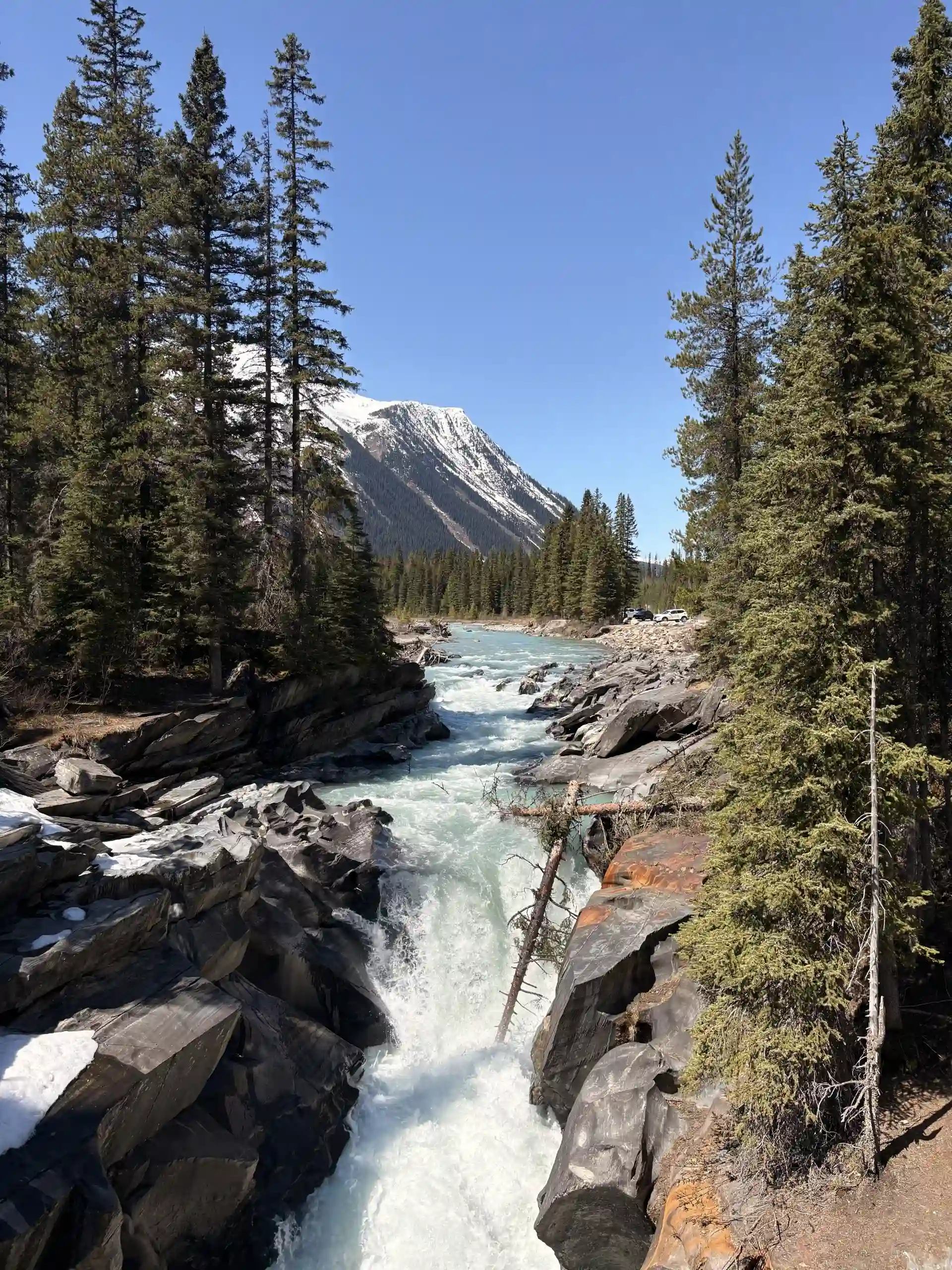Blick auf die Numa Falls mit verschneiten Bergen im Hintergrund in Westkanada.