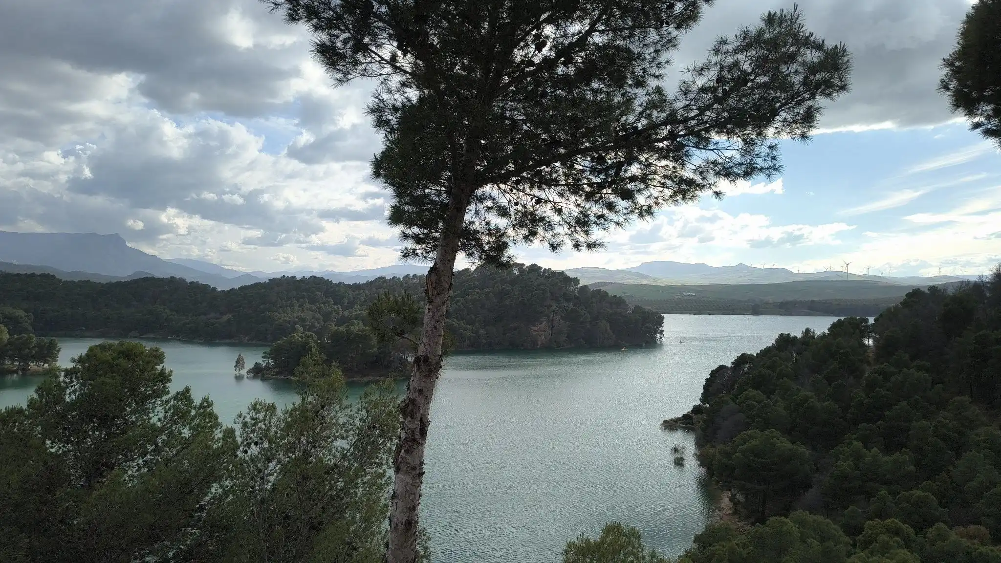 Ein weiter Blick über einen türkisblauen Stausee, umgeben von dichten Pinienwäldern unter einem leicht bewölkten Himmel.