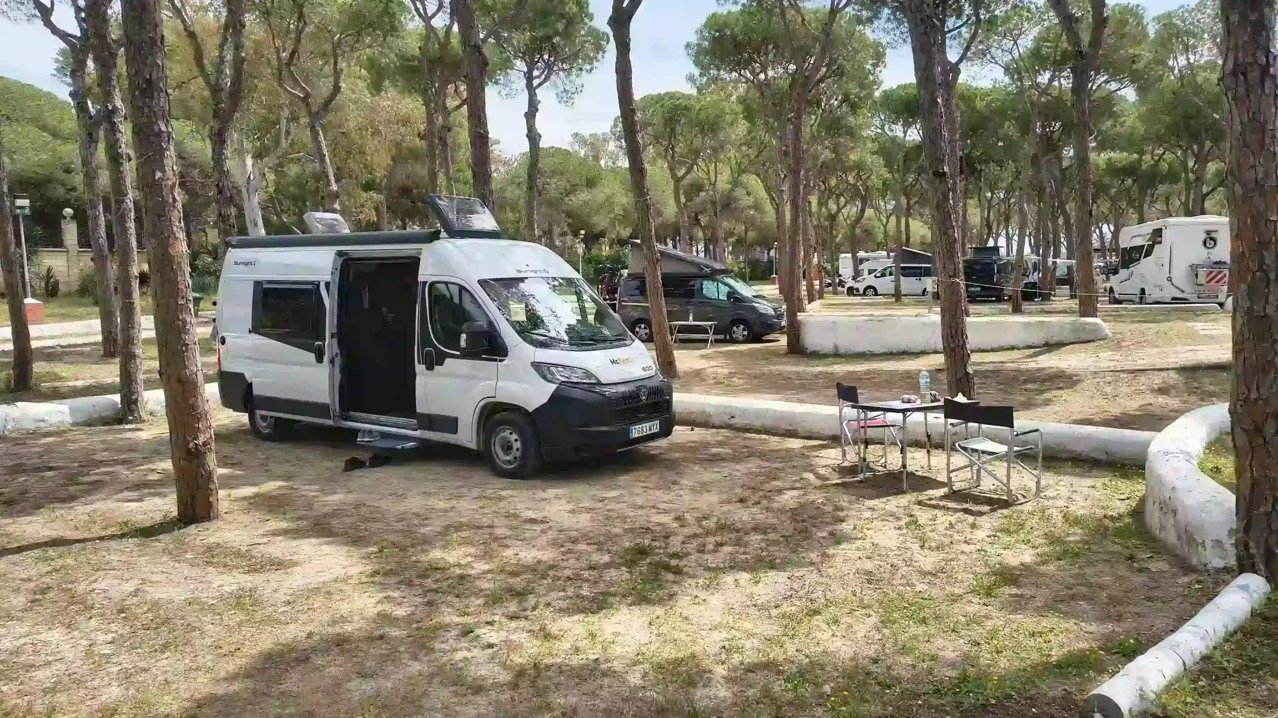 Ein weißes Wohnmobil steht auf einem Stellplatz im schattigen Pinienwald des Campingplatzes TAIGA Puerto de Santa María.