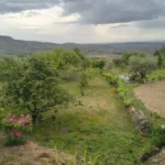 Eine grüne, hügelige Landschaft bei Cuacos de Yuste unter wolkenverhangenem Himmel.