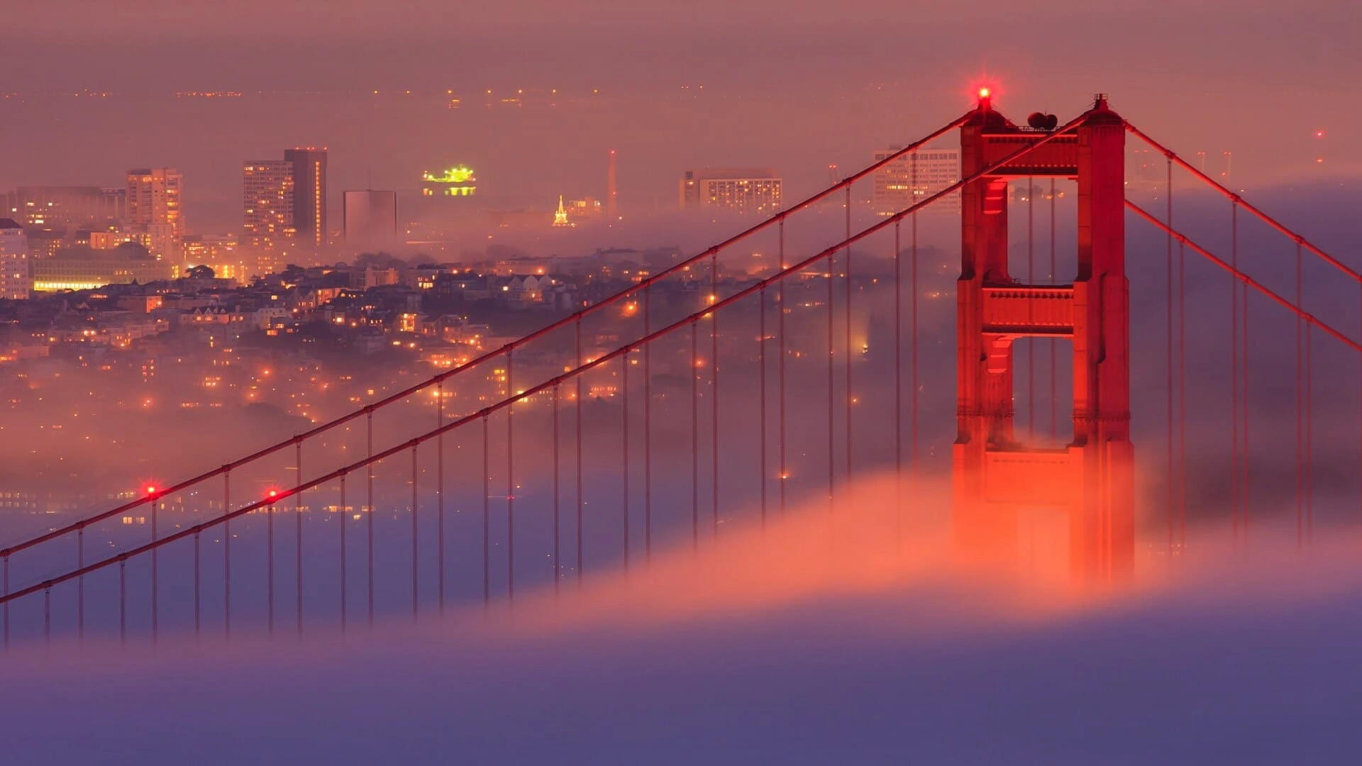 Golden Gate Bridge at night with fog