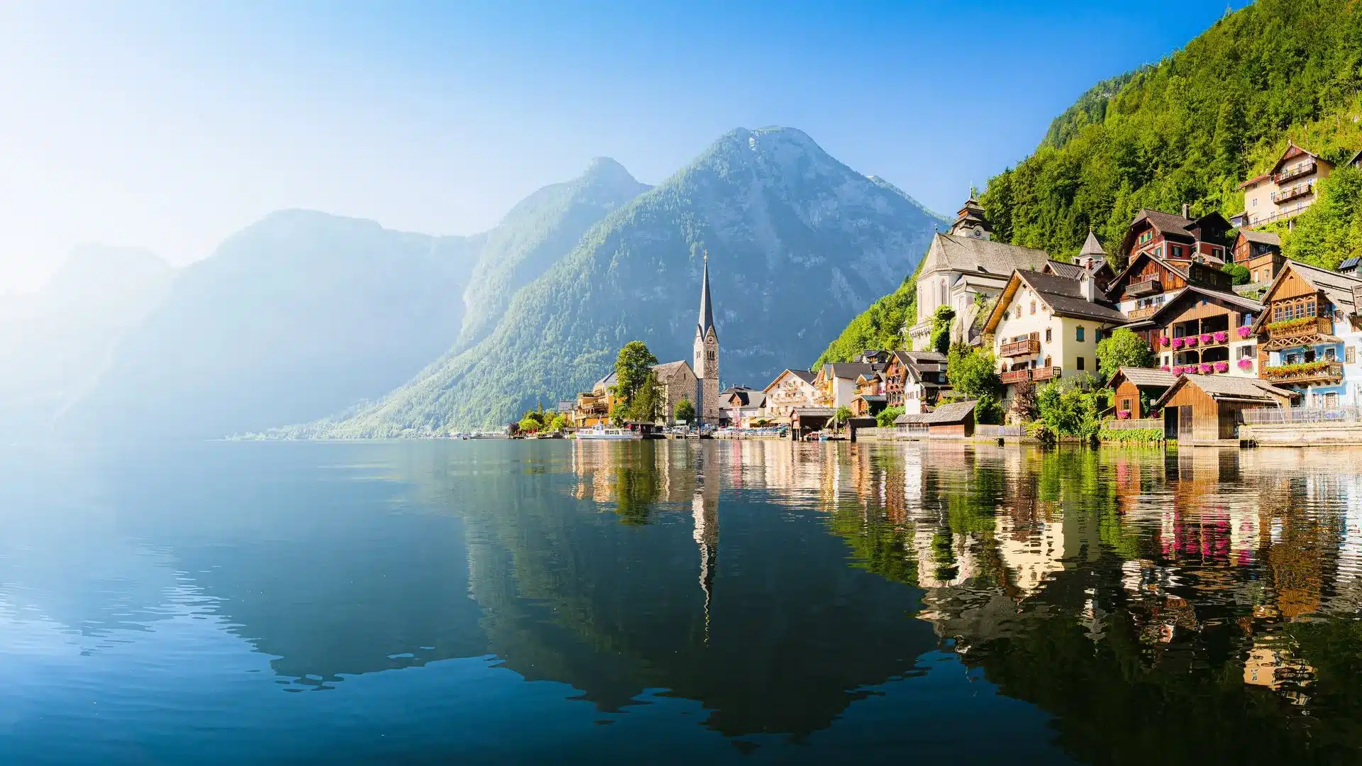 View of Hallstattersee in Austria with mountains