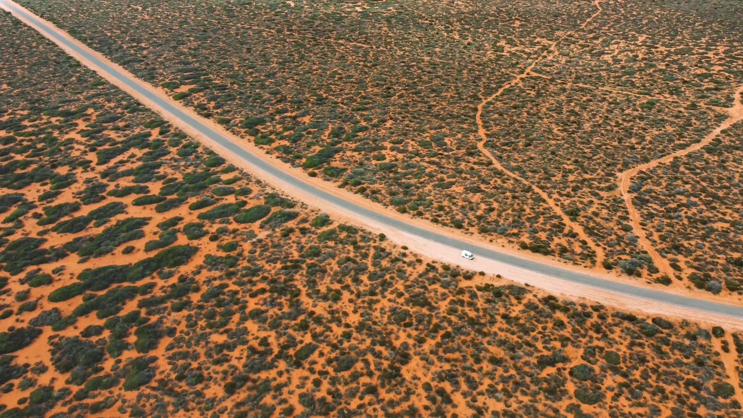 White campervan cutting through a vast desert landscape with bright red soil and scattered green shrubs.