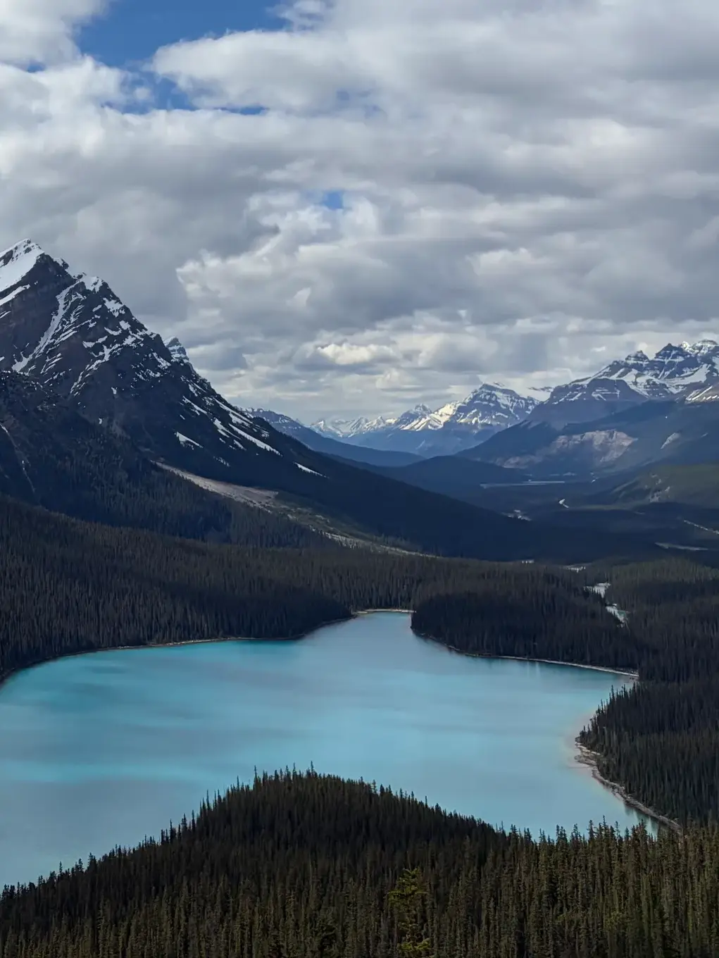 A high-angle panoramic view of a bright blue, wolf-shaped lake surrounded by thick green forests and mountain ranges.