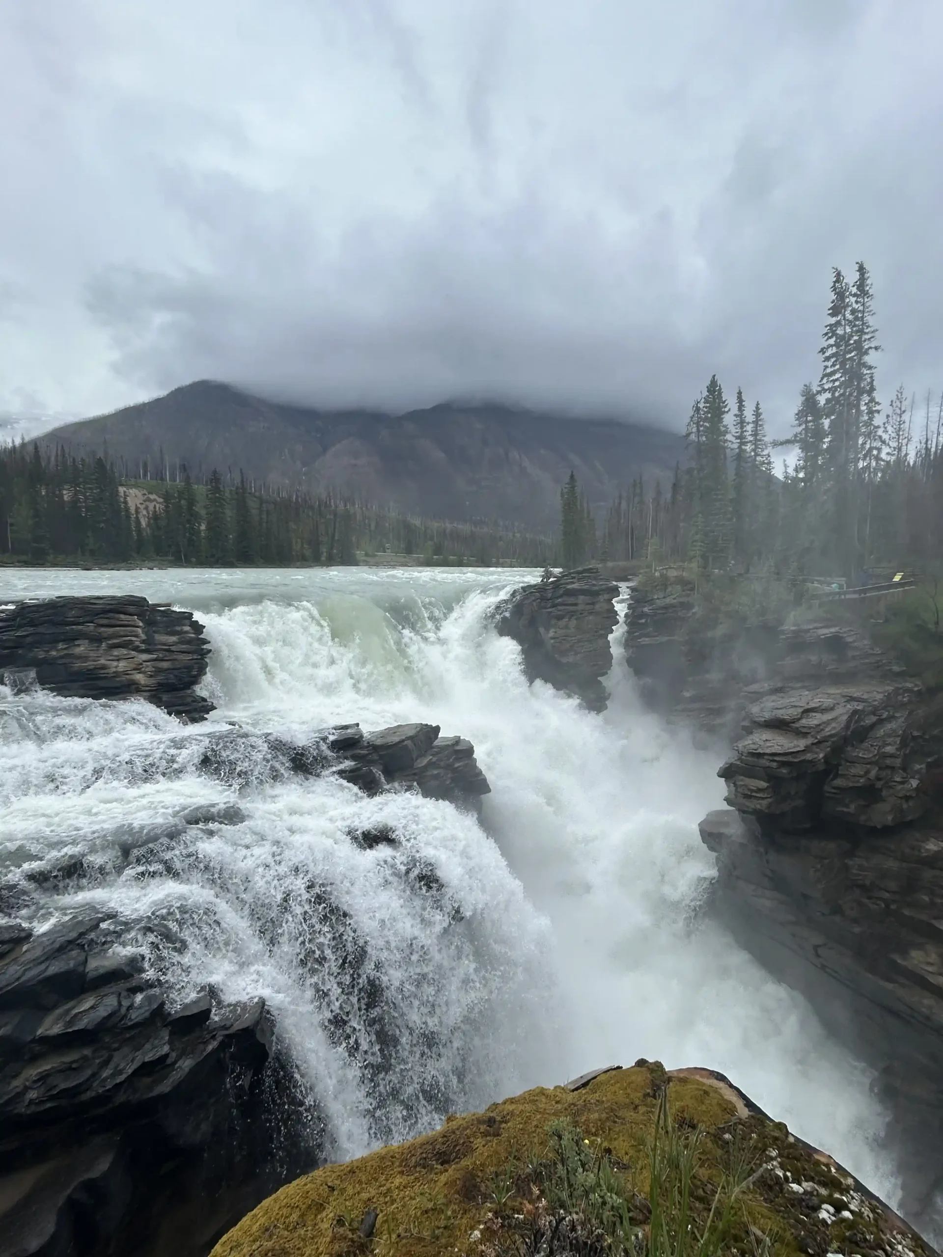 A powerful, wide waterfall cascades violently over rugged, dark gray rock layers into a deep gorge. Water mist spray fills the air.