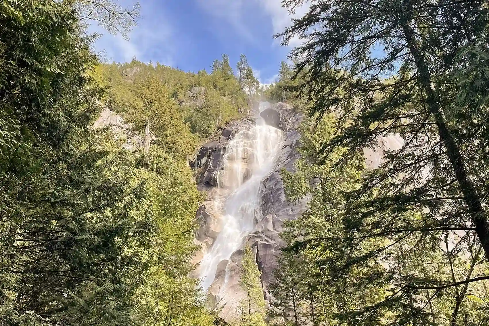 A view looking up at the white cascading water of Shannon Falls pouring down a steep granite cliff.