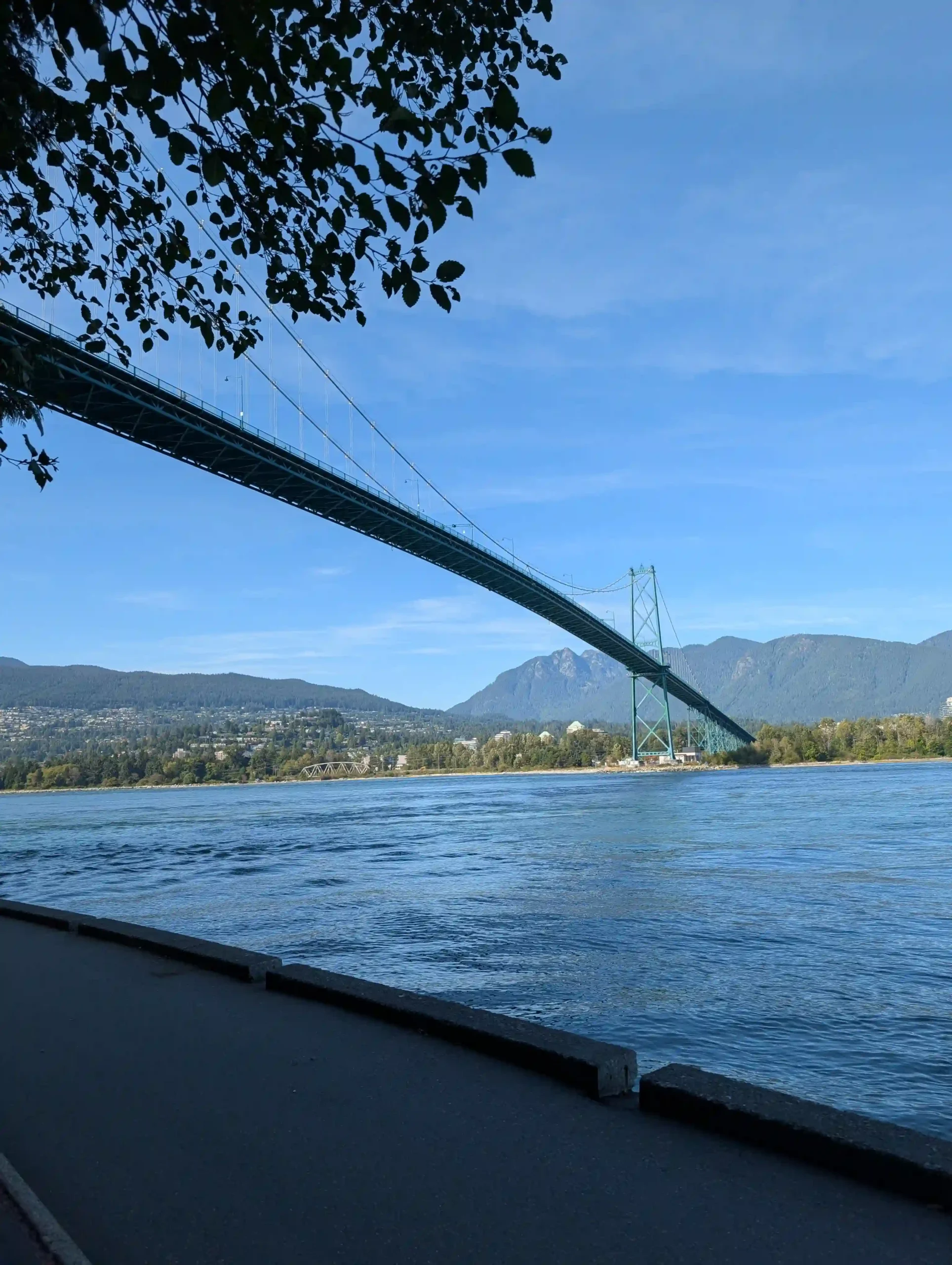 A vertical view looking along the paved Stanley Park seawall towards the green Lions Gate suspension bridge spanning Burrard Inlet, with the North Shore mountains under a bright blue sky.