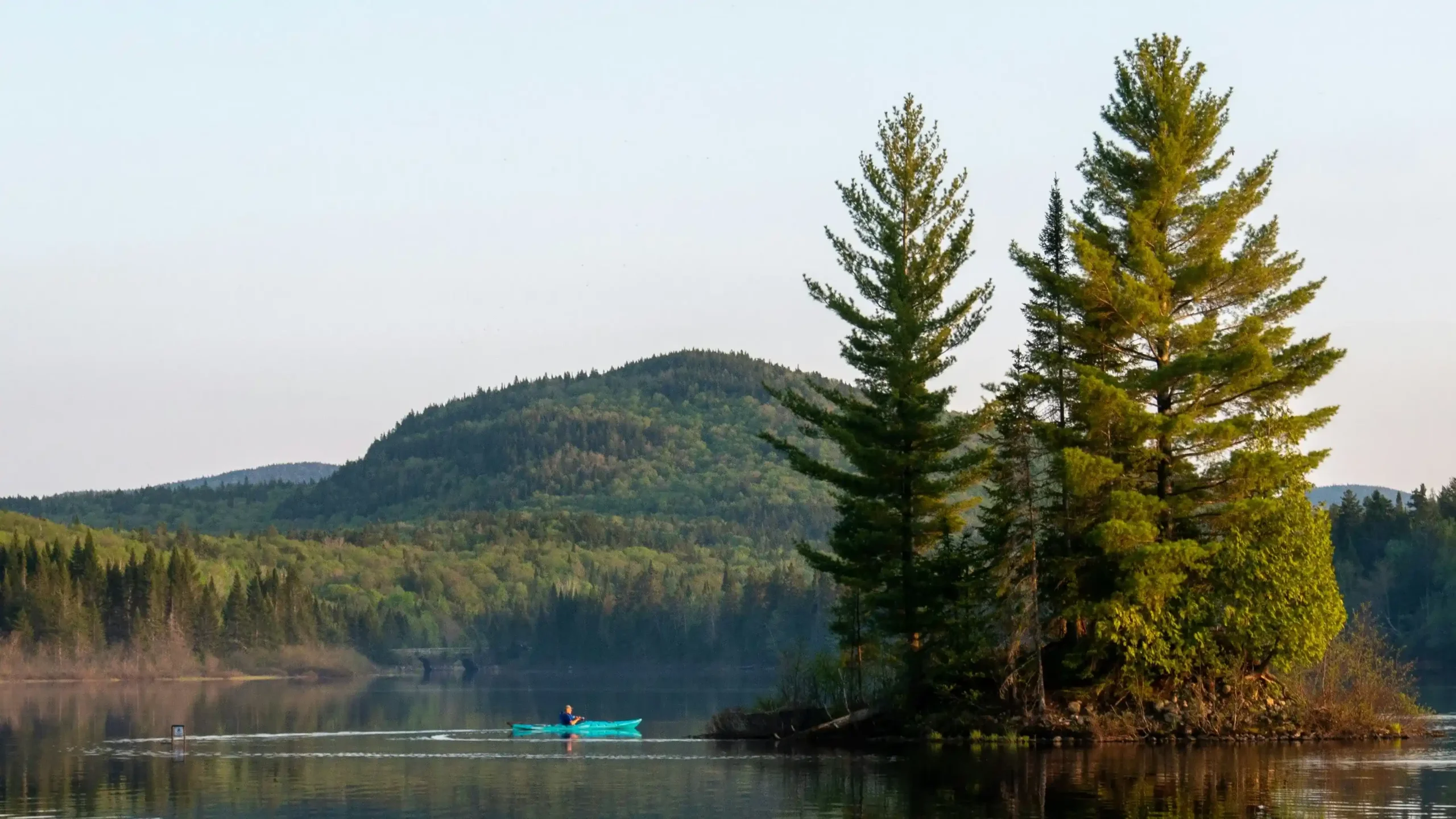 A person in a blue kayak paddles across a calm lake in La Mauricie National Park, passing a small island with tall trees against a backdrop of rolling green forested hills.