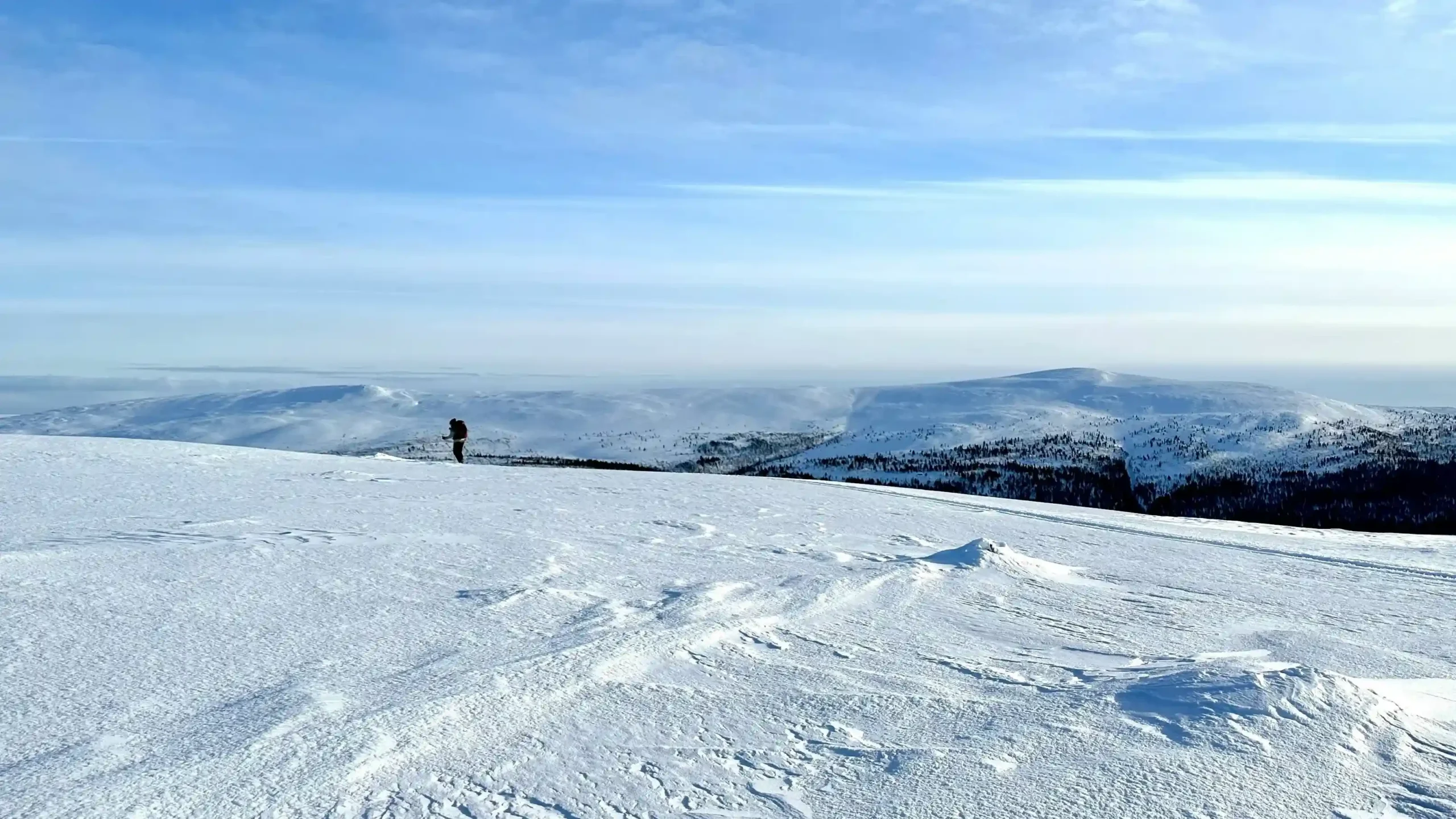 A lone backcountry skier carrying a large backpack stands on a vast, treeless white fell in Lemmenjoki National Park. The background features endless rolling snow-covered hills under a bright, hazy winter sun.