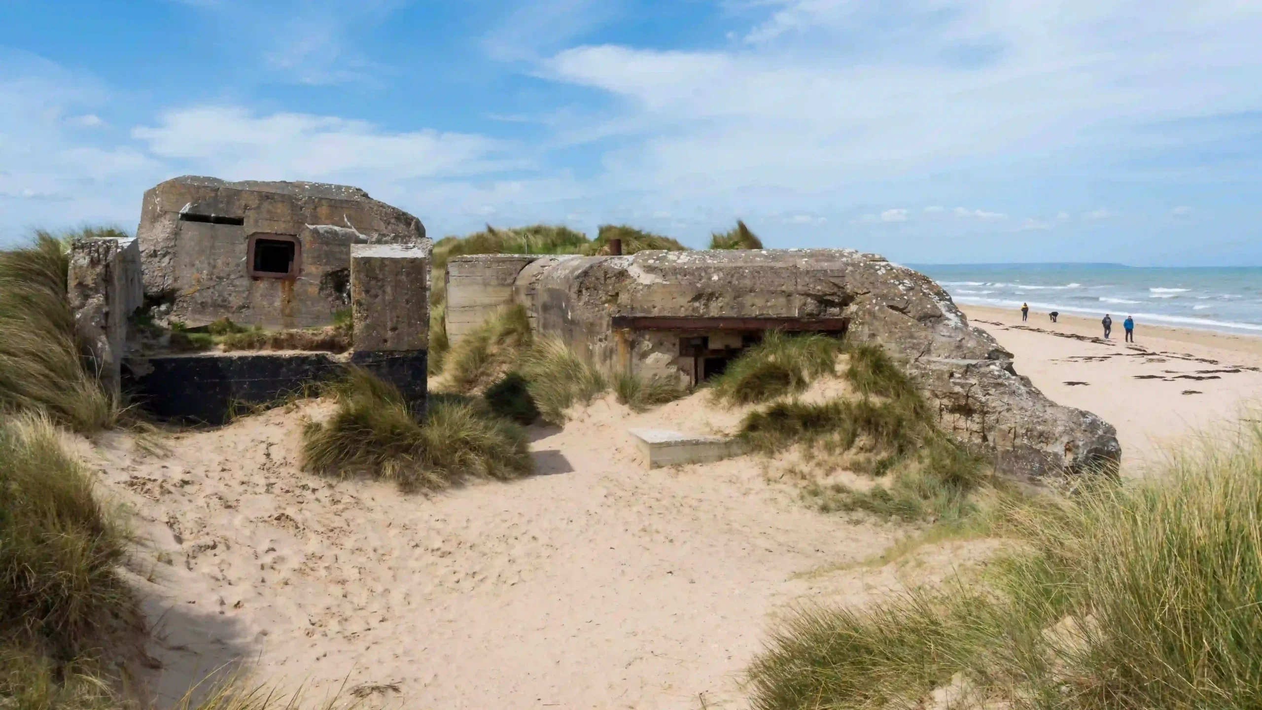 Weathered WWII concrete German military bunker embedded in grassy sand dunes overlooking a wide beach and ocean in Normandy.