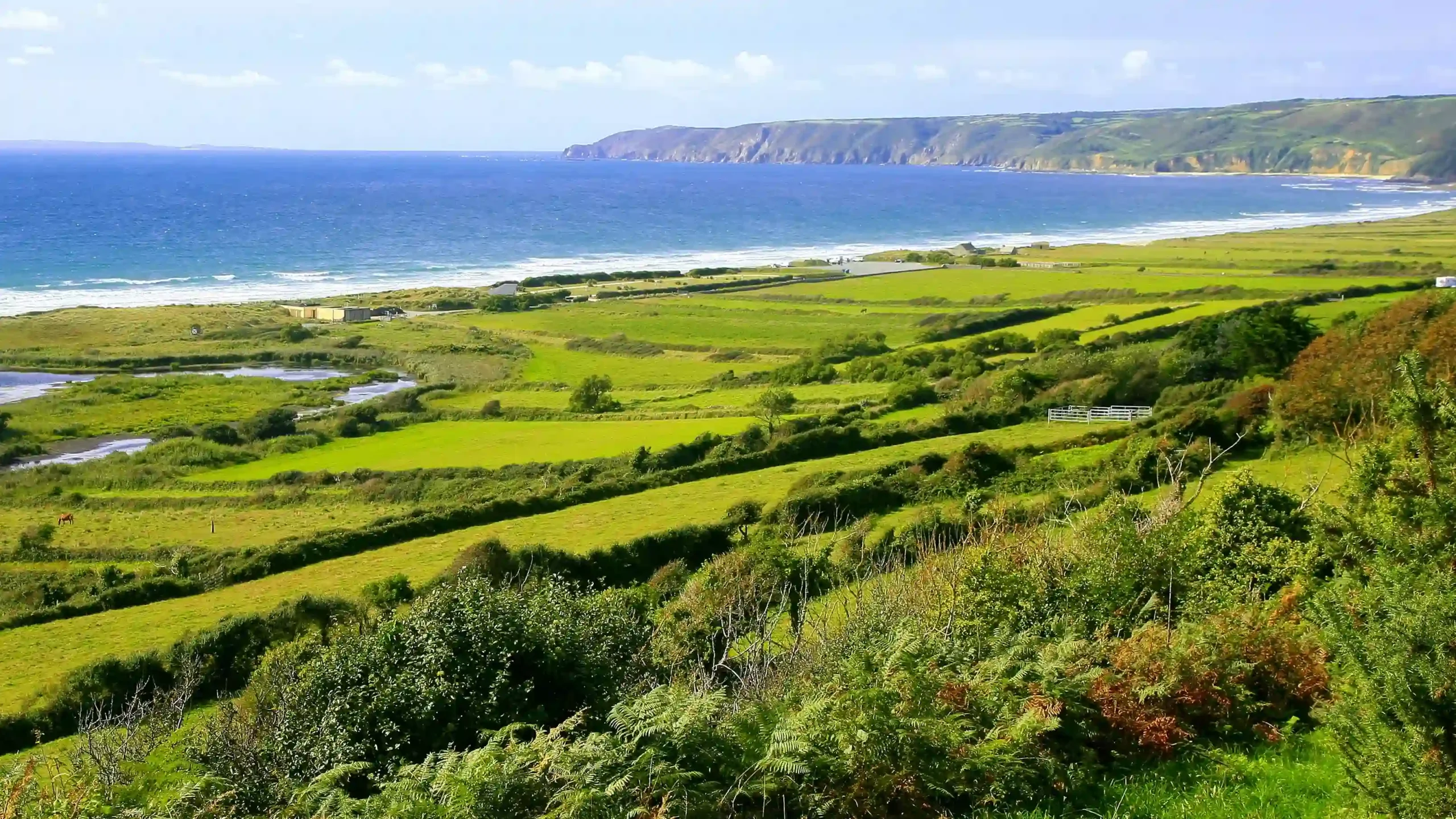 High-angle scenic landscape view of lush green fields and hedgerows sloping down to a sandy bay.