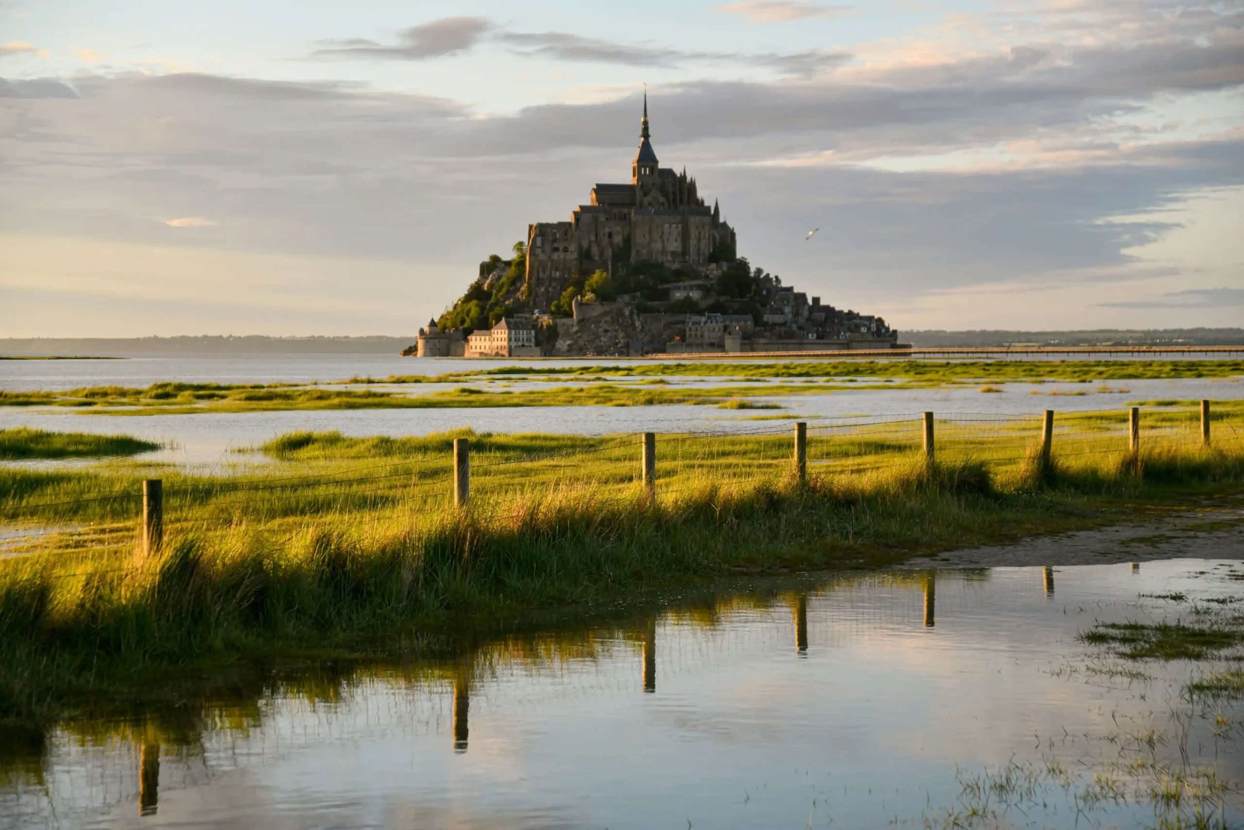 Wide shot of Mont-Saint-Michel rising above surrounding tidal waters and green marshes during golden hour.