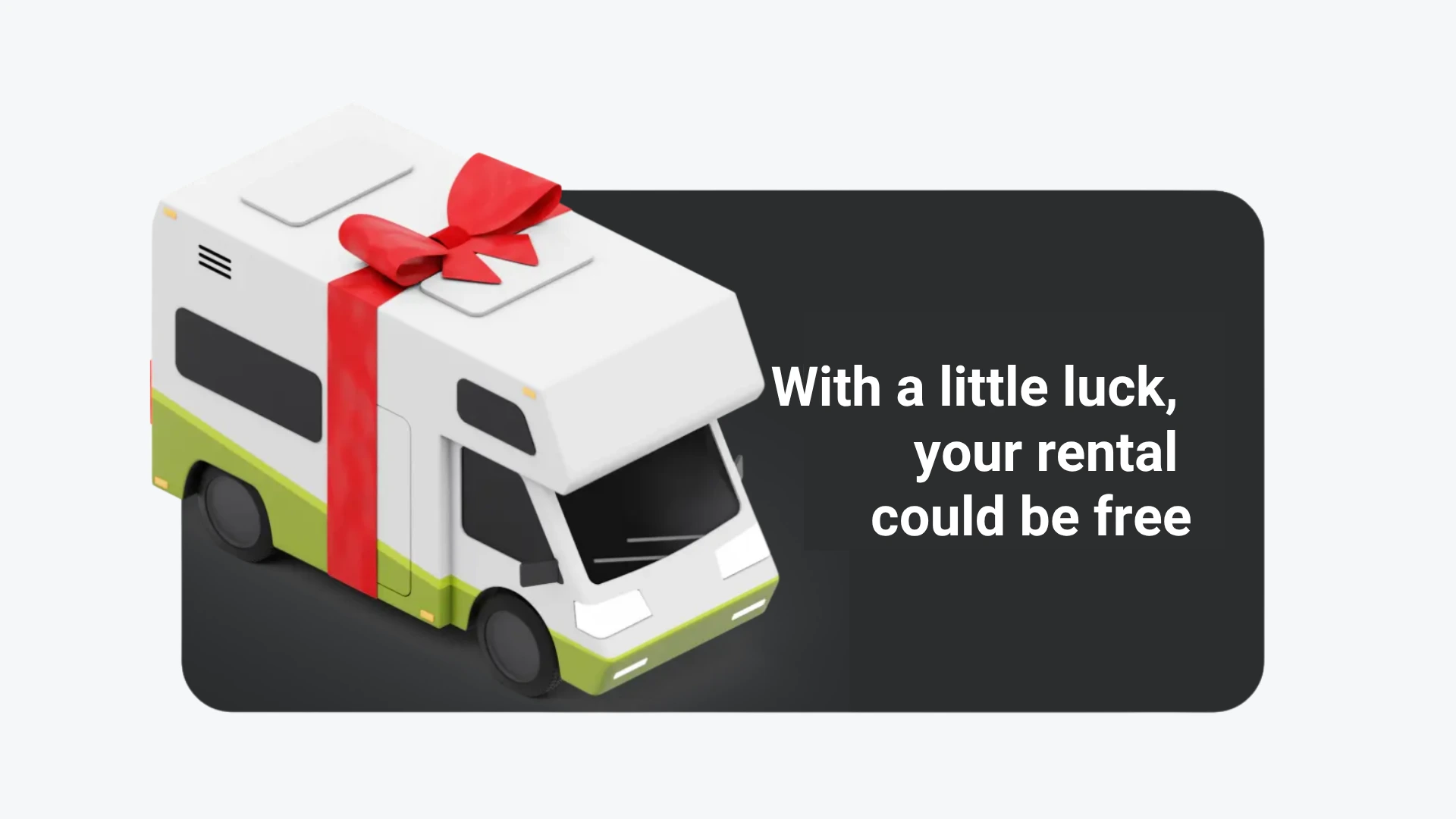 3D illustration of a white and green motorhome with a red gift bow on a dark background and the text \