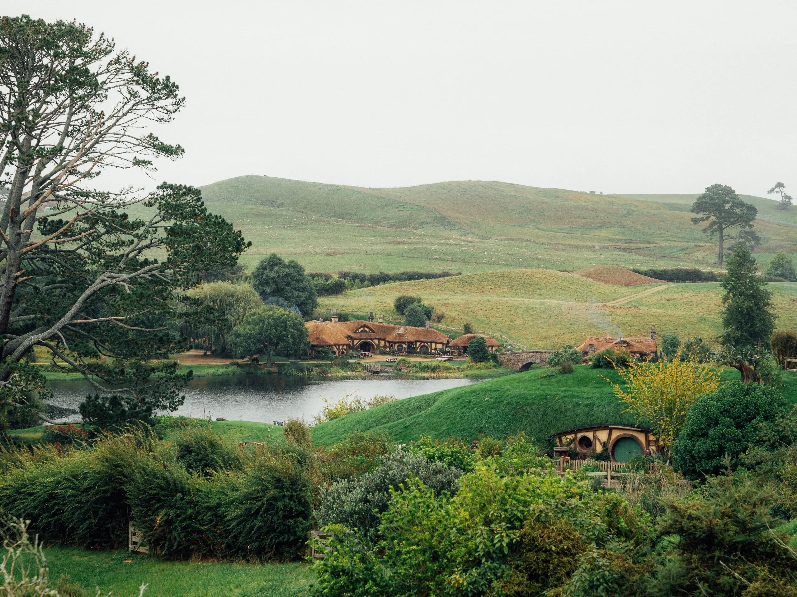 Landscape of Hobbiton featuring rolling green hills, a calm lake, a stone bridge, and several thatched-roof hobbit holes.