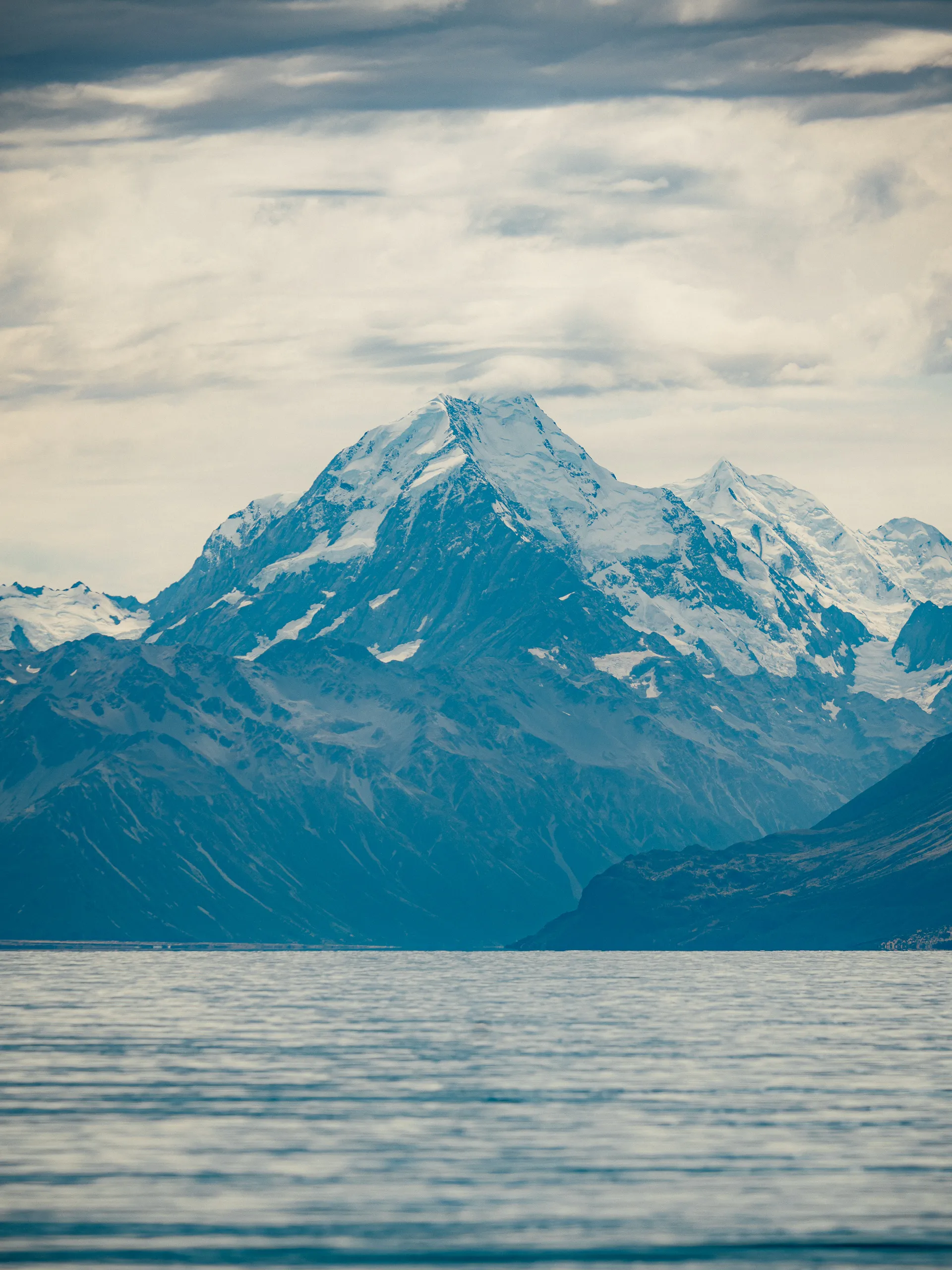 View of the snow-covered peak of Mount Cook.
