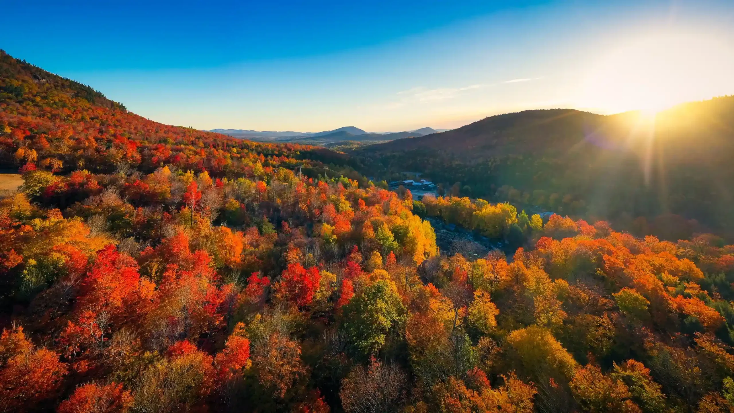 Vibrant red, orange, and yellow trees. A bright sun sets behind a dark mountain ridge.