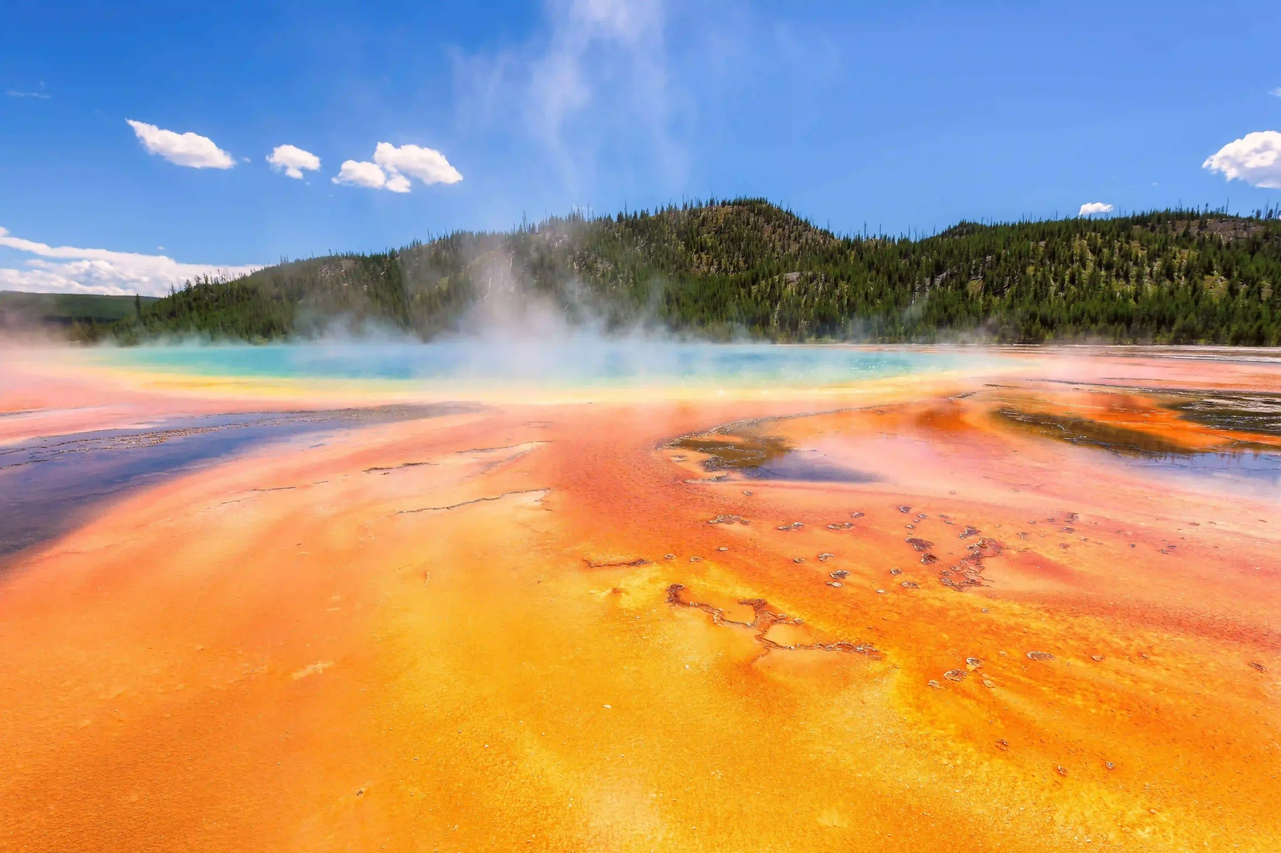 A geothermal spring with deep blue water in the centre, surrounded by bright rings of turquoise, yellow, and deep orange. Steam rises from the water\'s surface against a backdrop of green forested hills and a bright blue sky.
