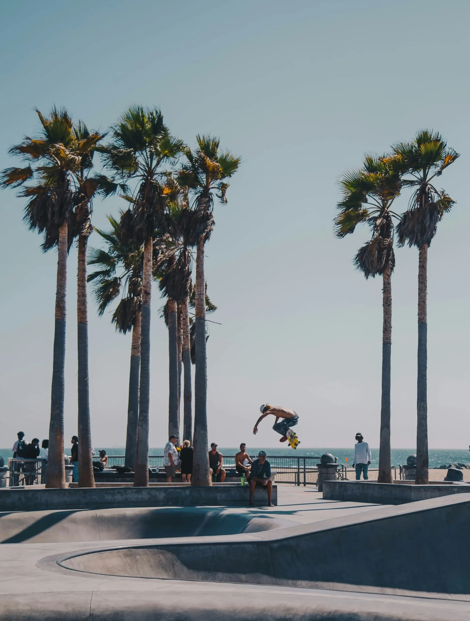 A shirtless skateboarder performing a high jump trick in mid-air at the Venice Beach Skatepark.