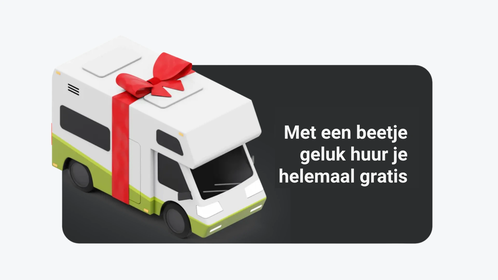 3D-illustratie van een wit-groene camper ingepakt met een rode cadeaustrik op een donkere achtergrond, met de tekst \